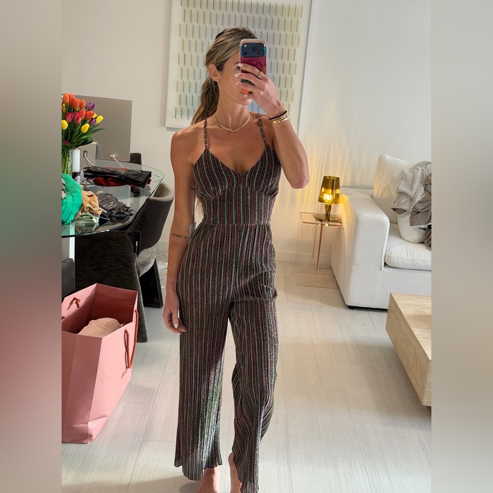 Striped Metallic Sleeveless Jumpsuit - Black Multi